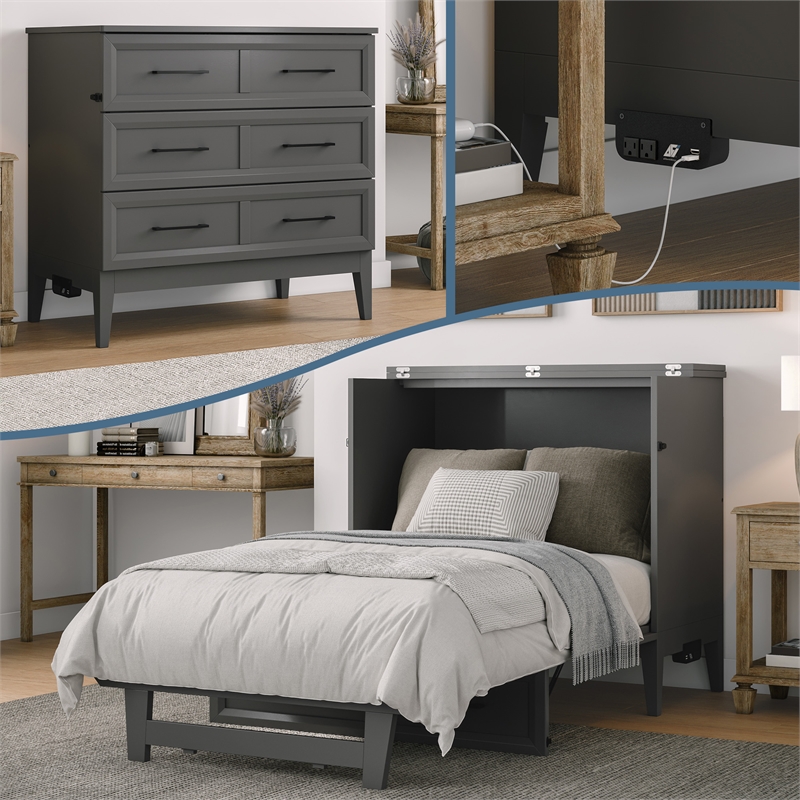 Santa Fe Twin Wood Murphy Bed Chest with Mattress & Built-in Charger in Gray