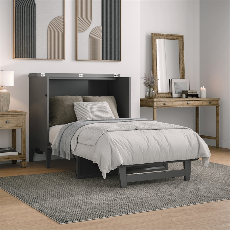 Santa Fe Twin Wood Murphy Bed Chest with Mattress & Built-in Charger in Gray