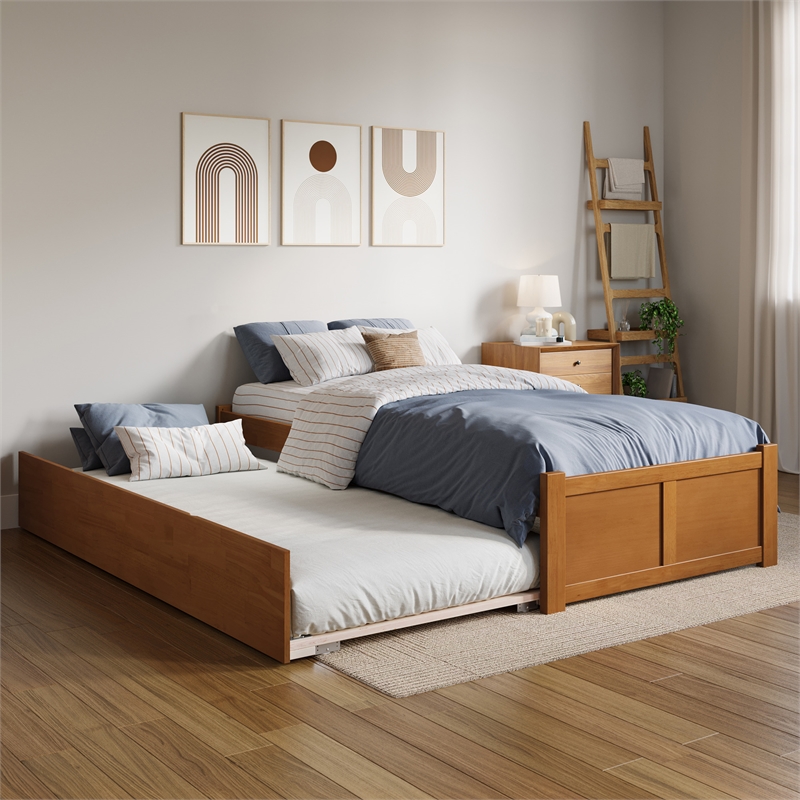 Concord Twin XL Wood Platform Bed with Footboard and TXL Trundle in Light Toffee