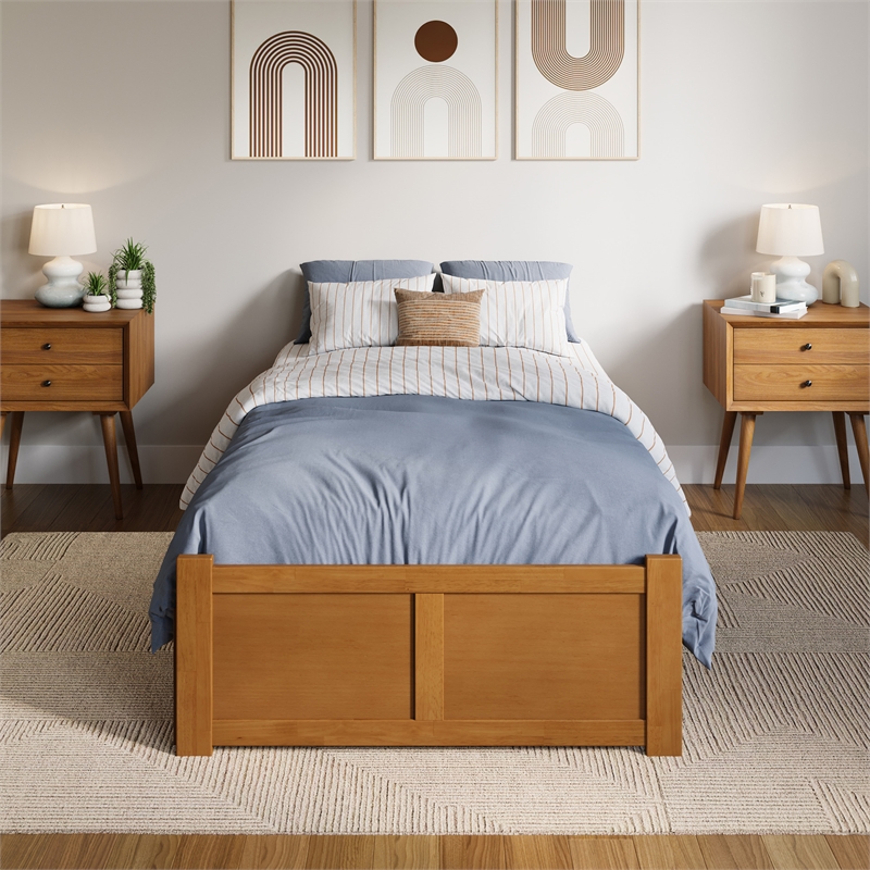Concord Twin XL Wood Platform Bed with Footboard and TXL Trundle in Light Toffee