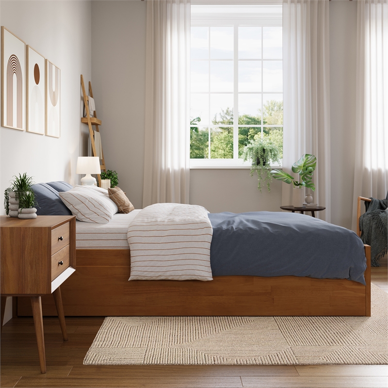 Concord Twin XL Wood Platform Bed with Footboard and TXL Trundle in Light Toffee
