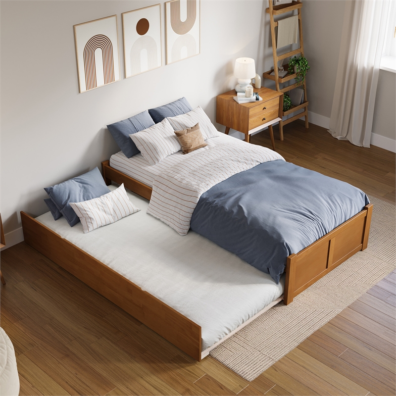 Concord Twin XL Wood Platform Bed with Footboard and TXL Trundle in Light Toffee