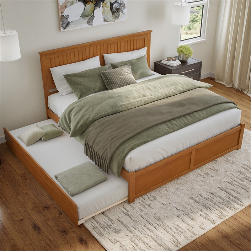Nantucket King Wood Platform Bed with Footboard and TXL Trundle in Light Toffee