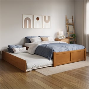 Concord Full Wood Platform Bed with Footboard and Full Trundle in Light Toffee