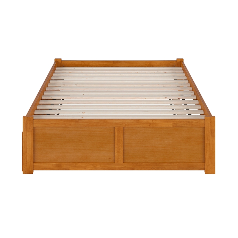 Concord Full Wood Platform Bed with Footboard and Full Trundle in Light Toffee