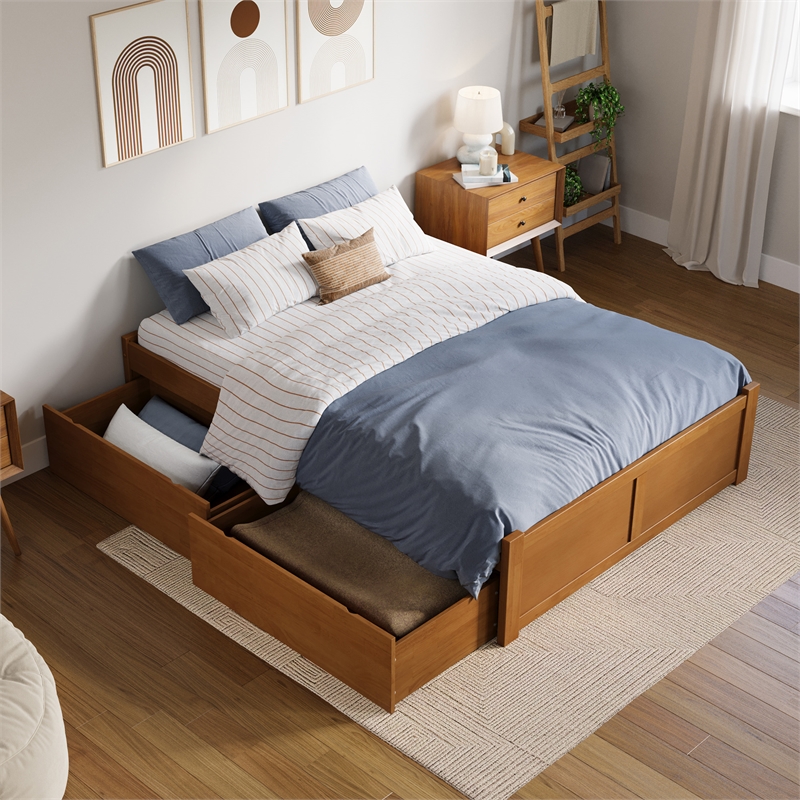 Concord Full Wood Platform Bed with Footboard and Drawers in Light Toffee