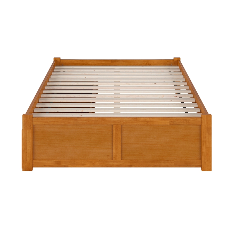 Concord Full Wood Platform Bed with Footboard and Drawers in Light Toffee