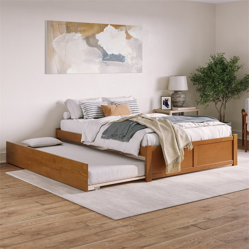 Concord Queen Wood Platform Bed with Footboard and TXL Trundle in Light Toffee