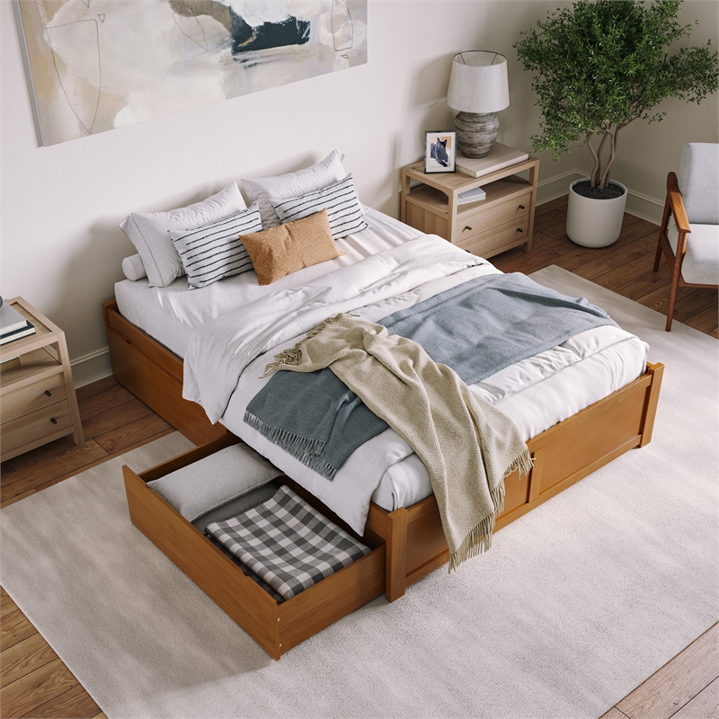 Concord Queen Wood Platform Bed with Footboard and Drawers in Light Toffee