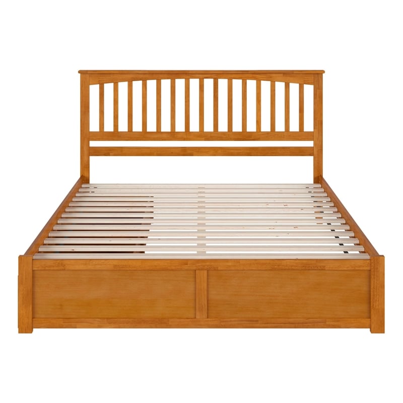 Mission King Wood Platform Bed with Footboard & Storage Drawers in Light Toffee