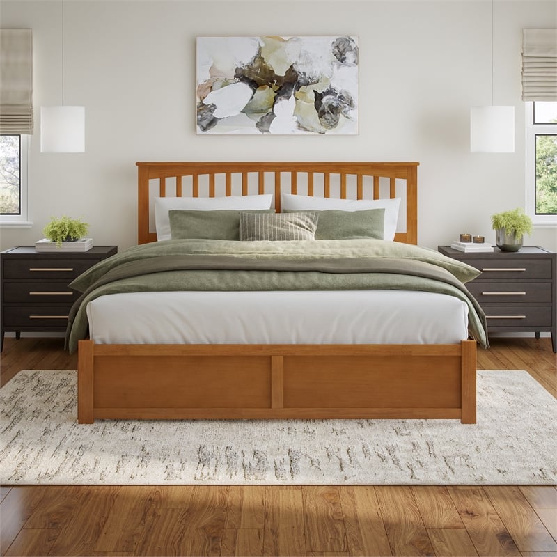 Mission King Wood Platform Bed with Footboard & Storage Drawers in Light Toffee