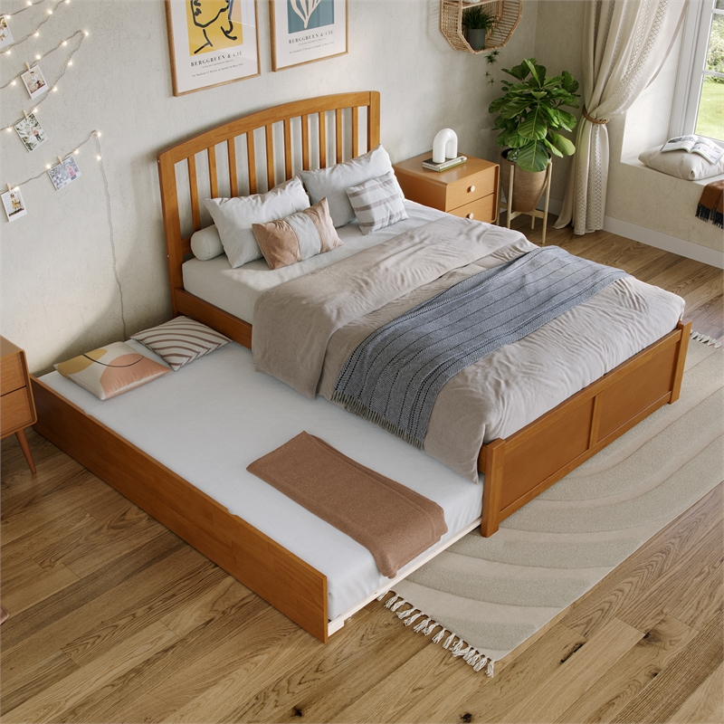 Richmond Full Wood Platform Bed with Footboard and Twin Trundle in Light Toffee