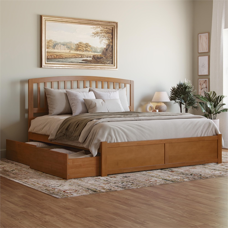 Richmond King Wood Platform Bed with Footboard and Drawers in Light Toffee