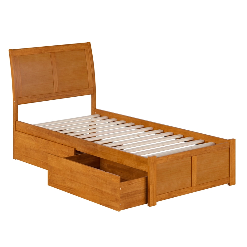Portland Twin XL Wood Platform Bed with Footboard and Drawers in Light Toffee