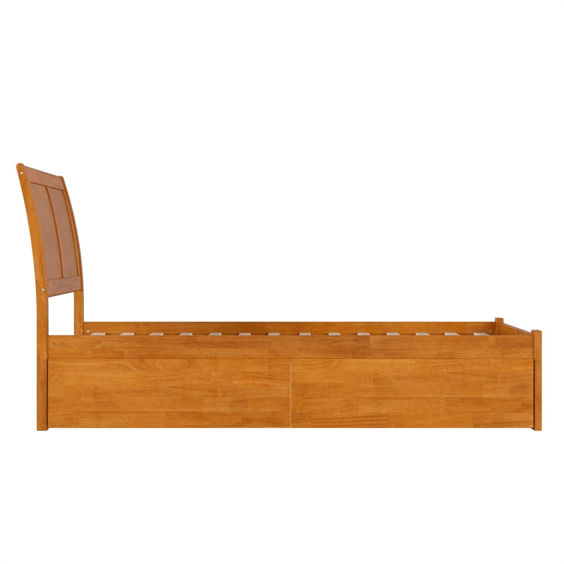 Portland Twin XL Wood Platform Bed with Footboard and Drawers in Light Toffee