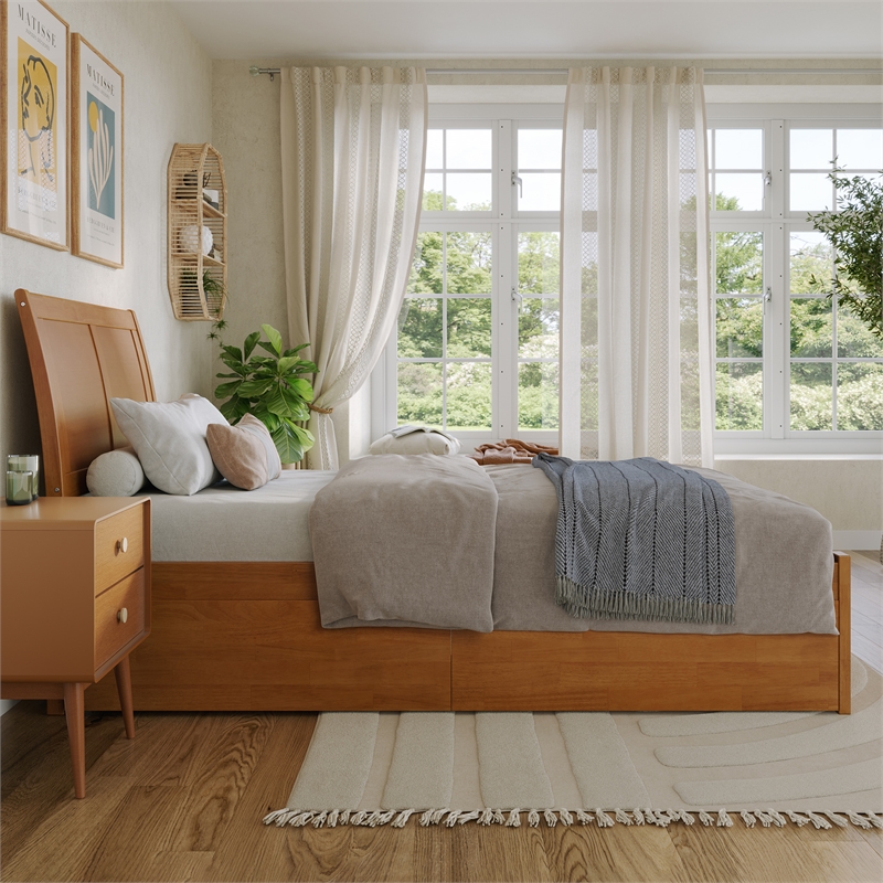 Portland Twin XL Wood Platform Bed with Footboard and Drawers in Light Toffee