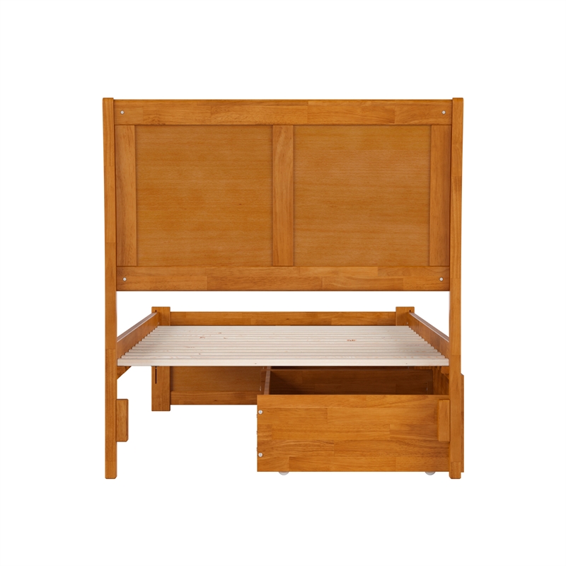 Portland Twin XL Wood Platform Bed with Footboard and Drawers in Light Toffee
