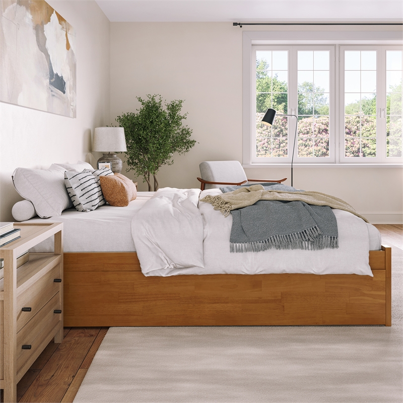 Concord King Wood Platform Bed with Footboard and TXL Trundle in Light Toffee