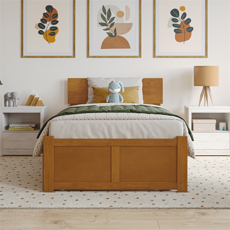 Orlando Twin Wood Platform Bed with Footboard and Twin Trundle in Light Toffee
