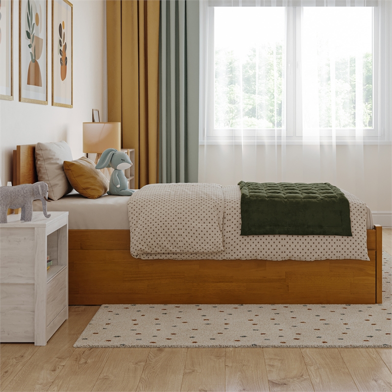 Orlando Twin Wood Platform Bed with Footboard and Twin Trundle in Light Toffee
