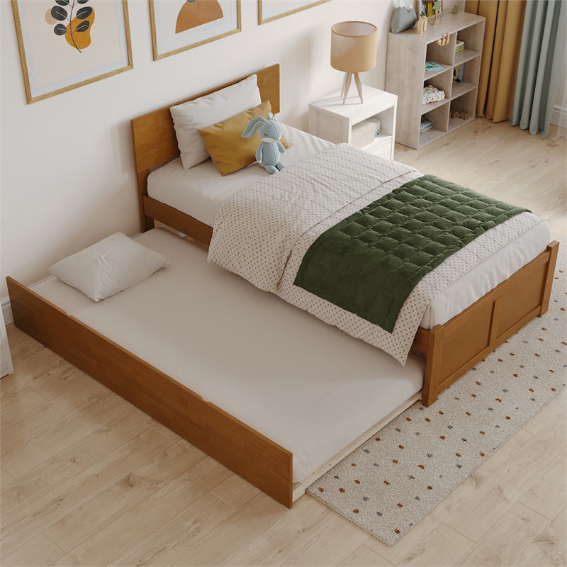 Orlando Twin Wood Platform Bed with Footboard and Twin Trundle in Light Toffee
