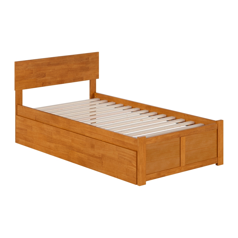 Orlando Twin Wood Platform Bed with Footboard and Twin Trundle in Light Toffee