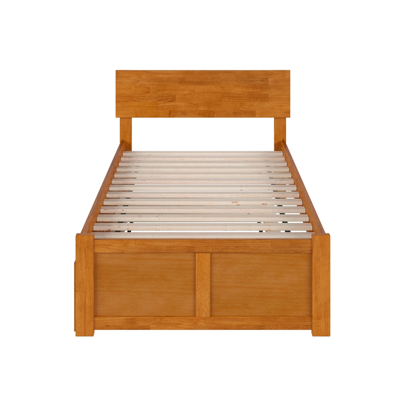 Orlando Twin Wood Platform Bed with Footboard and Twin Trundle in Light Toffee