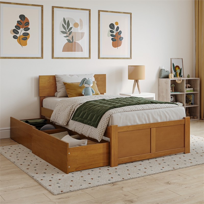 Orlando Twin Wood Platform Bed with Footboard and Drawers in Light Toffee