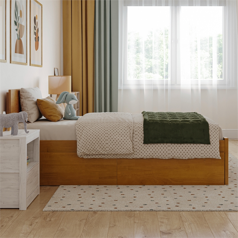 Orlando Twin Wood Platform Bed with Footboard and Drawers in Light Toffee