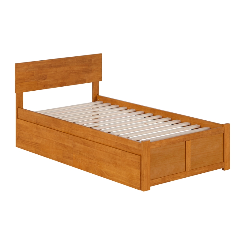 Orlando Twin Wood Platform Bed with Footboard and Drawers in Light Toffee