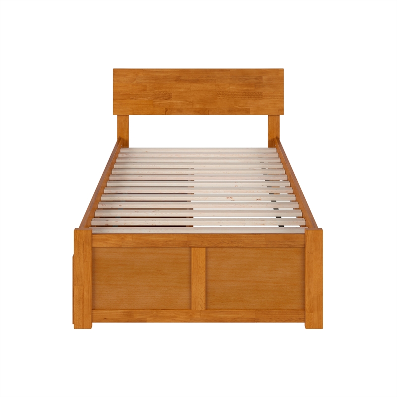 Orlando Twin Wood Platform Bed with Footboard and Drawers in Light Toffee
