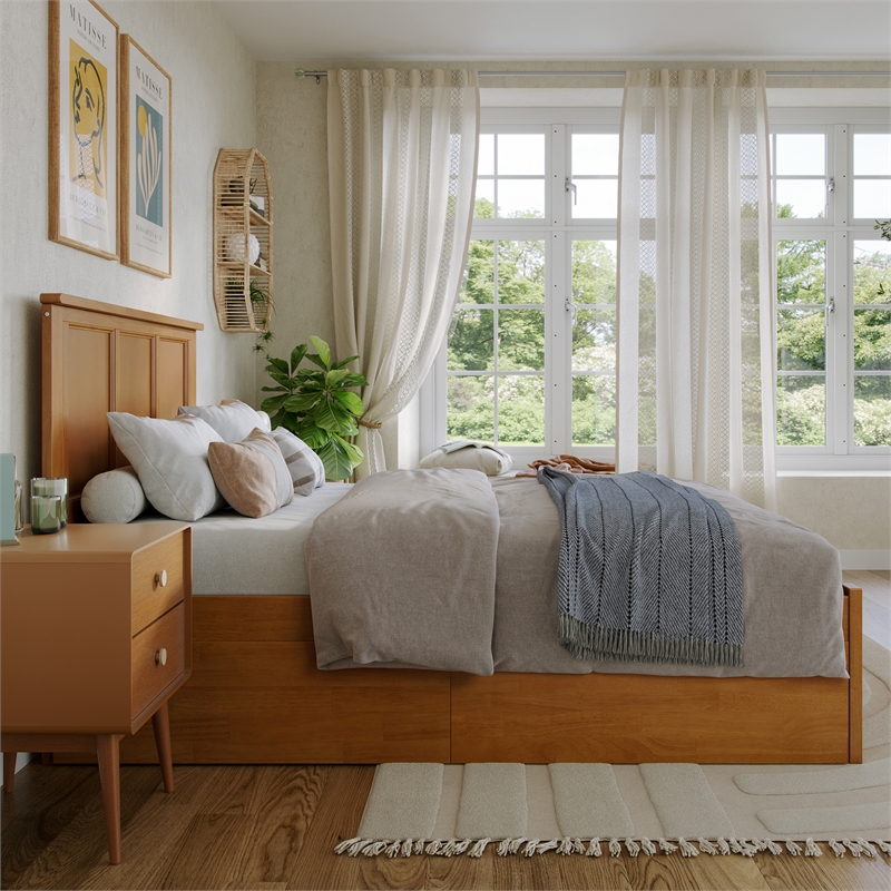 Madison Full Wood Platform Bed with Footboard & Storage Drawers in Light Toffee