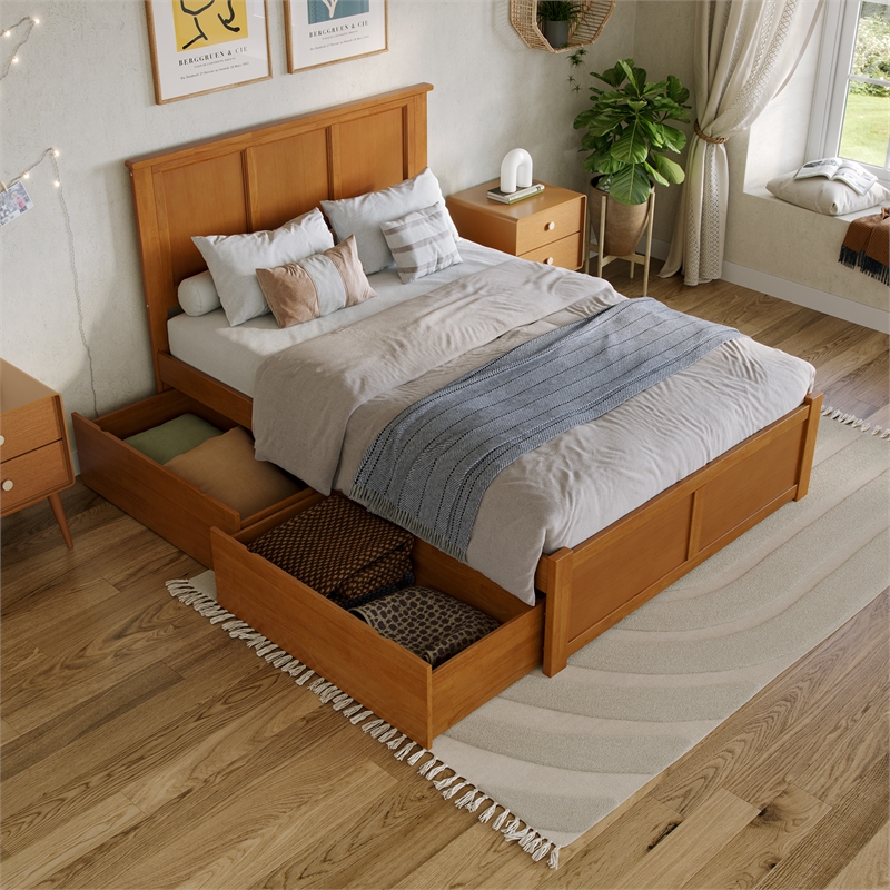 Madison Full Wood Platform Bed with Footboard & Storage Drawers in Light Toffee