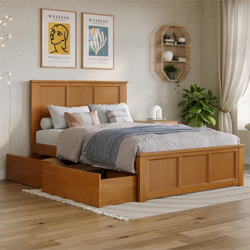 Madison Full Platform Bed with Matching Footboard and Drawers in Light Toffee