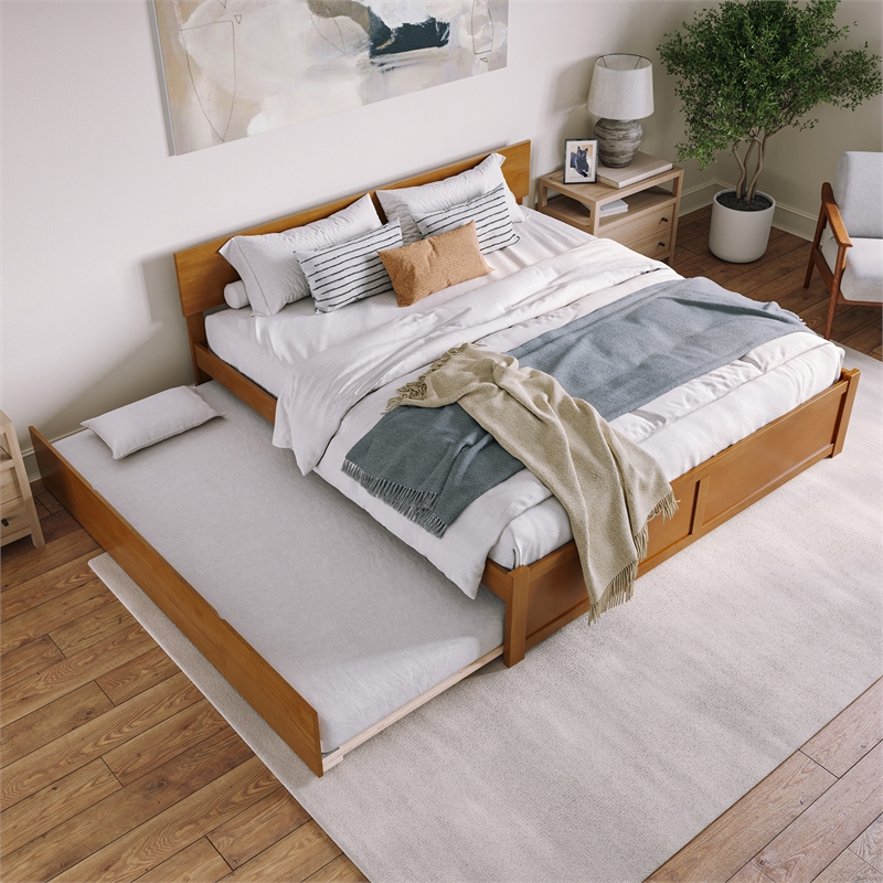 Orlando King Wood Platform Bed with Footboard and TXL Trundle in Light Toffee