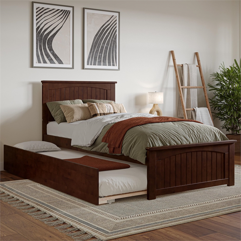 Nantucket Twin XL Platform Bed with Matching Footboard and TXL Trundle in Walnut