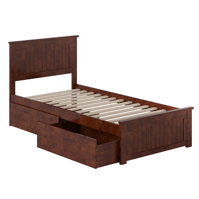Nantucket Twin XL Wood Platform Bed with Matching Footboard & Drawers in Walnut