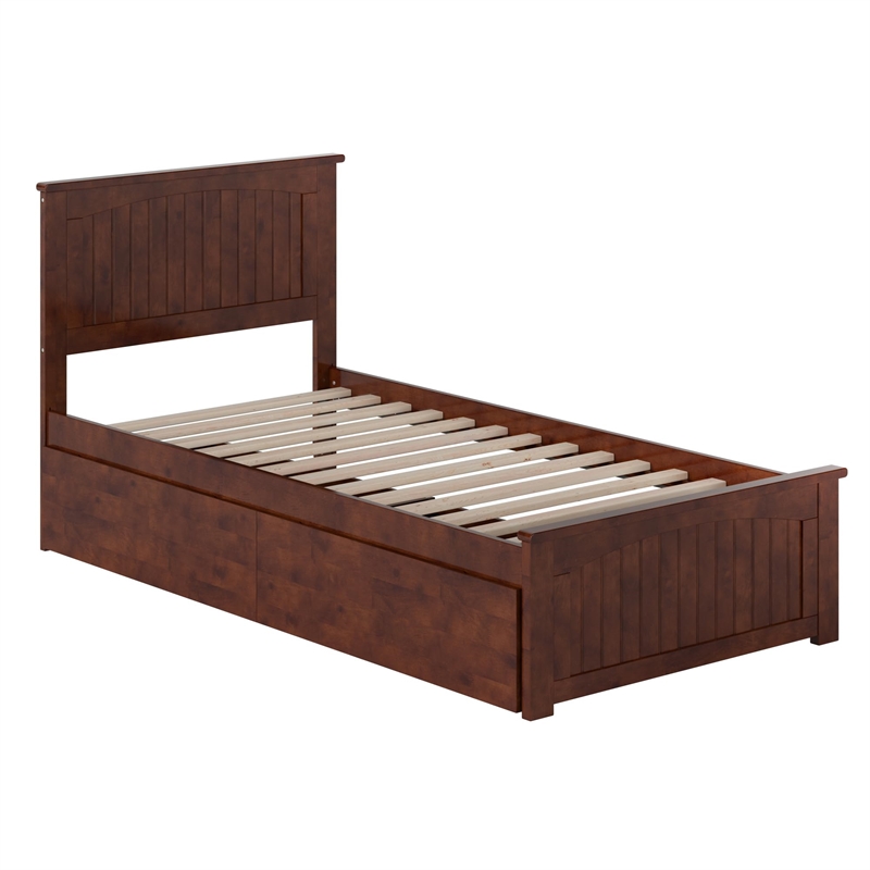 Nantucket Twin XL Wood Platform Bed with Matching Footboard & Drawers in Walnut