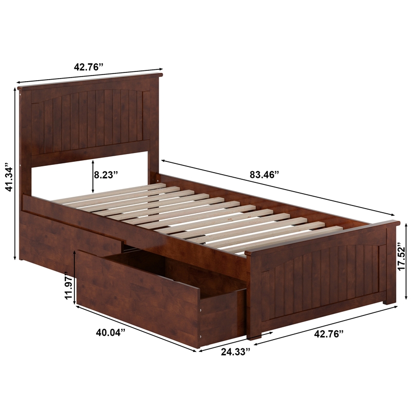 Nantucket Twin XL Wood Platform Bed with Matching Footboard & Drawers in Walnut
