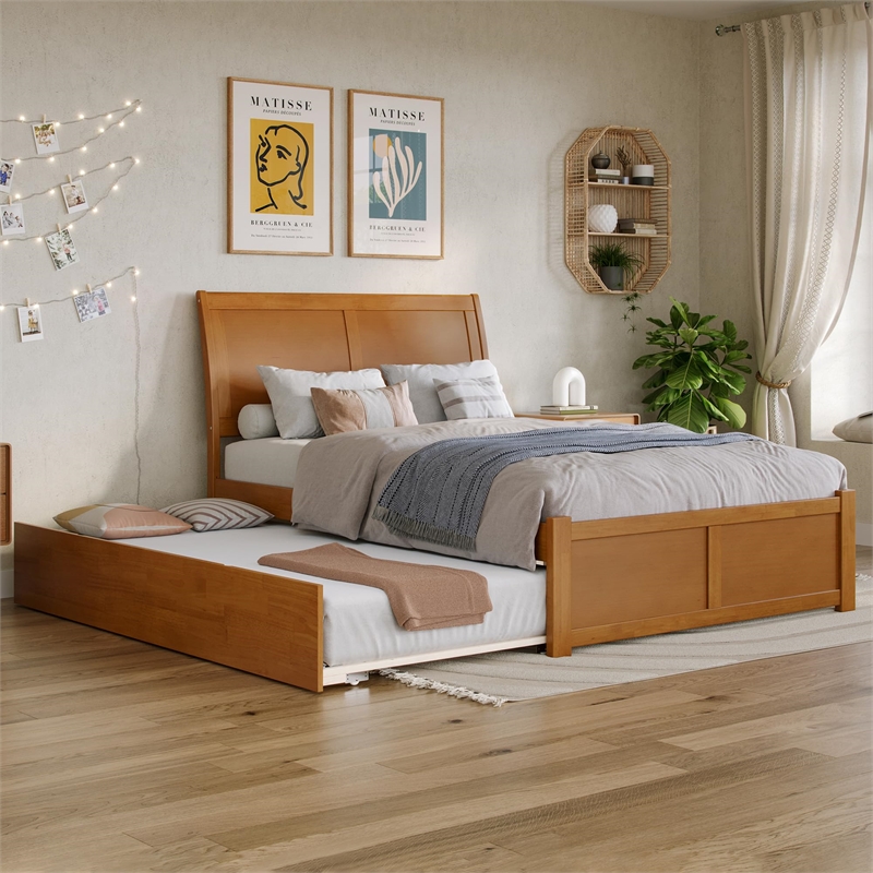 Portland Full Wood Platform Bed with Footboard and Twin Trundle in Light Toffee