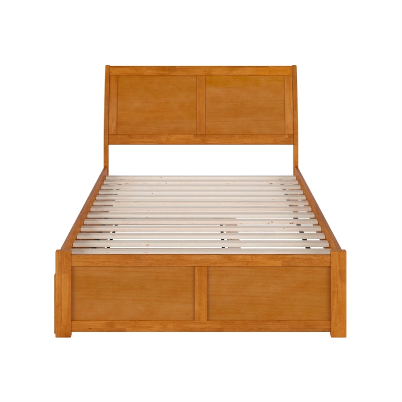 Portland Full Wood Platform Bed with Footboard and Twin Trundle in Light Toffee