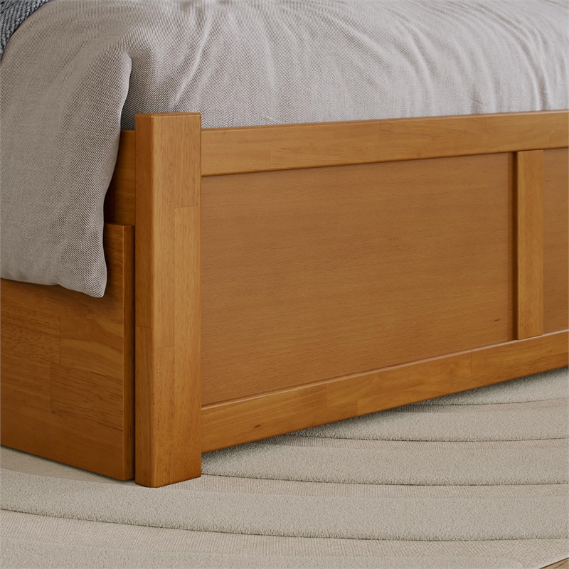 Portland Full Wood Platform Bed with Footboard and Full Trundle in Light Toffee