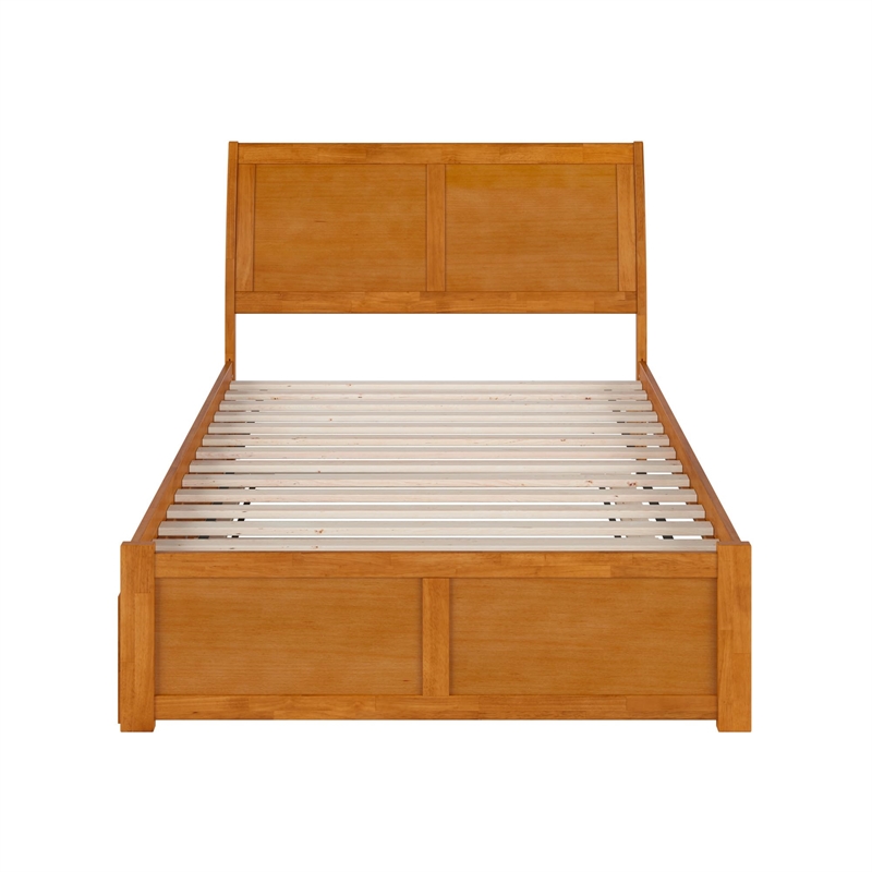 Portland Full Wood Platform Bed with Footboard and Full Trundle in Light Toffee