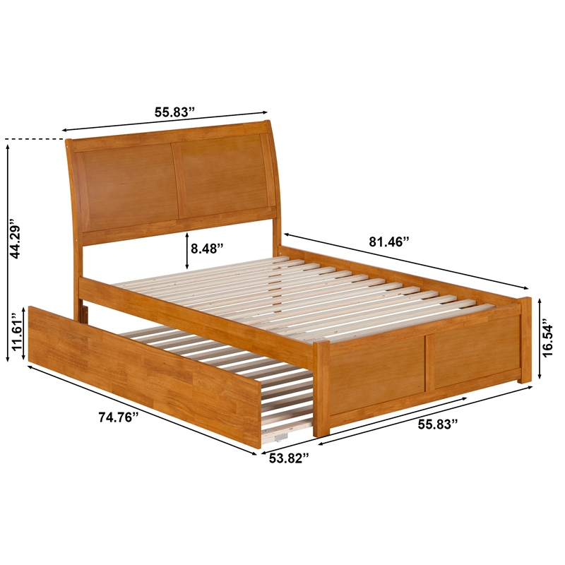 Portland Full Wood Platform Bed with Footboard and Full Trundle in Light Toffee