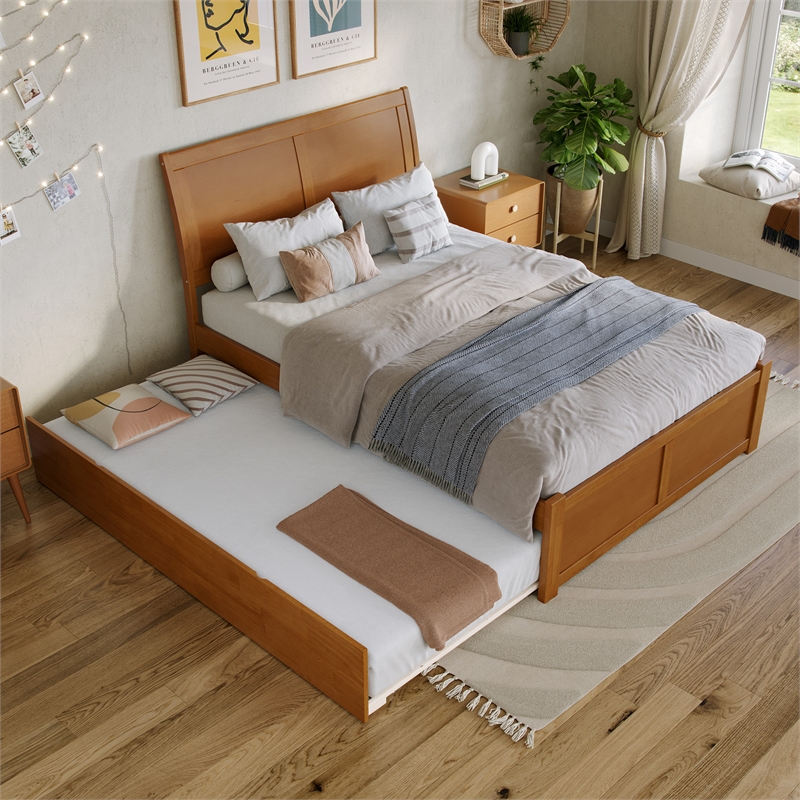 Portland Full Wood Platform Bed with Footboard and Full Trundle in Light Toffee