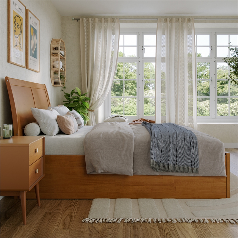 Portland Full Wood Platform Bed with Footboard and Full Trundle in Light Toffee