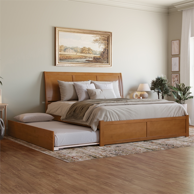 Portland King Wood Platform Bed with Footboard and TXL Trundle in Light Toffee