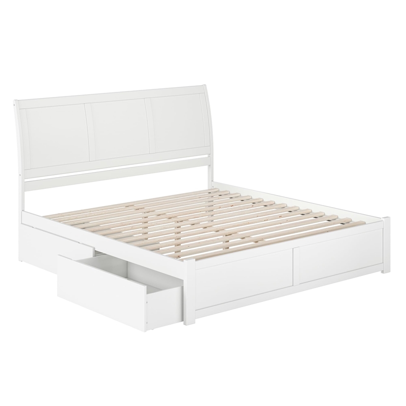 Portland King Wood Platform Bed with Footboard and Storage Drawers in White