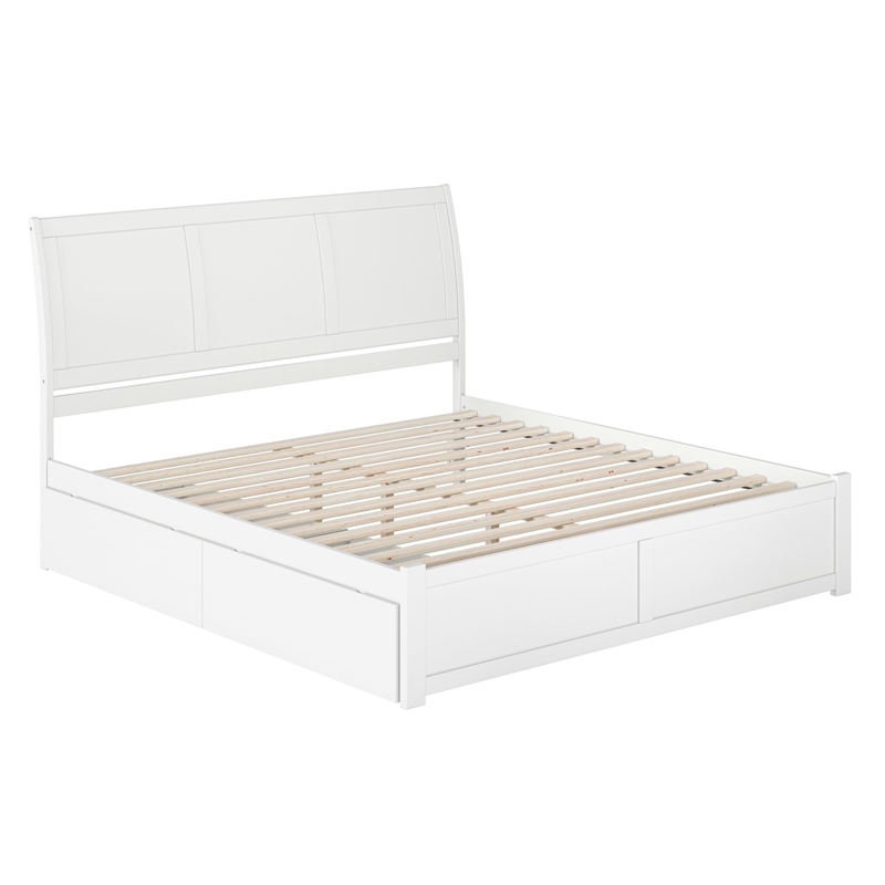 Portland King Wood Platform Bed with Footboard and Storage Drawers in White
