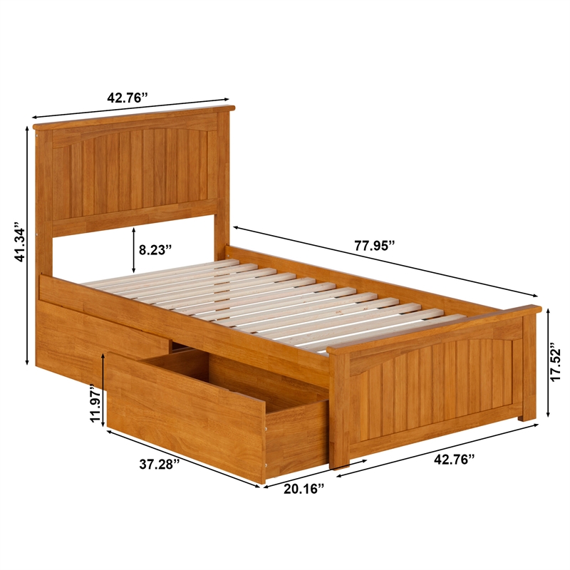 Nantucket Twin Platform Bed with Matching Footboard and Drawers in Light Toffee